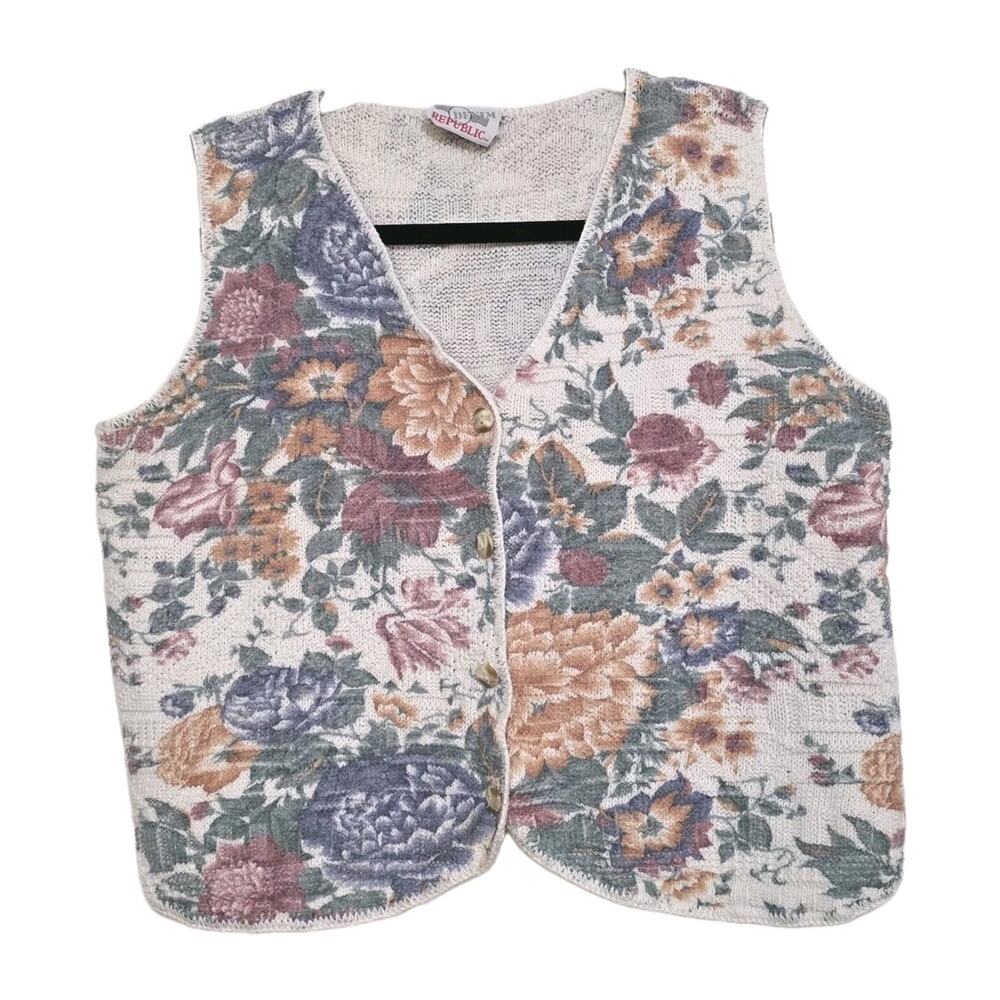 Vintage Floral Knit Sweater Vest Womens L Cottagecore Grandma Fairy Boho Artsy